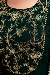 Women’s Dark Green Embroidered Georgette Anarkali Maxi Dress with Cape