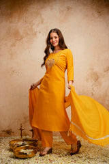 Women’s Embroidered Chanderi Kurta Pant Set with Bhagalpuri Dupatta