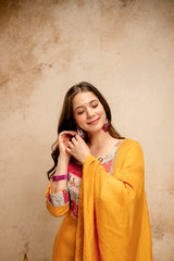 Women’s Yellow Chanderi Embroidered Flared Anarkali Kurta Pant Set with Dupatta