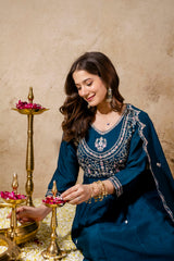 Women’s Traditional Embroidered Vichitra Silk Anarkali Kurta Set with Dupatta & Pant – Flared Festive Wear