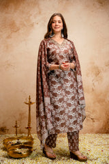 Printed Magic Cotton Straight Kurta Set for Women with Embroidered V-Neckline & Dupatta