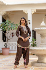 Women’s Embroidered Japan Satin Kurta Patiala Set with Dupatta – Off White, Coffee & Pista