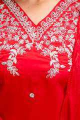 Women’s Red Embroidered Chanderi V-Neck Kurta Pant Dupatta Set