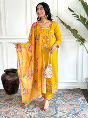 Women’s Yellow Embroidered D Chinon Kurti Pant Dupatta Set with Printed Tebby Silk Dupatta