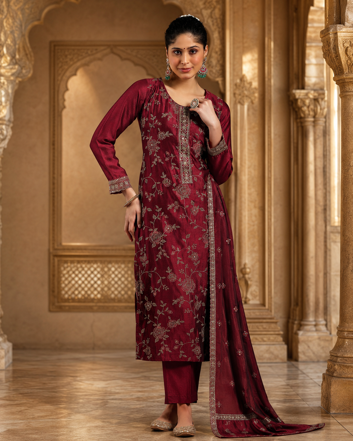Elegant Maroon Embroidered Vichitra Silk Kurta Set with Dupatta