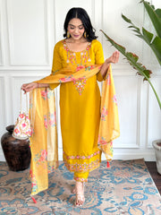 Women’s Yellow Embroidered D Chinon Kurti Pant Dupatta Set with Printed Tebby Silk Dupatta