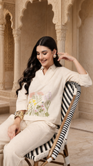 Premium Women's Casual Co-Ord Set | Floral Embroidered Off-White Outfit