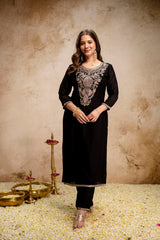 BLACK BEAUTY Women’s Embroidered Vichitra Kurta Pant Set with Dupatta
