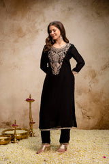 BLACK BEAUTY Women’s Embroidered Vichitra Kurta Pant Set with Dupatta