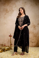 BLACK BEAUTY Women’s Embroidered Vichitra Kurta Pant Set with Dupatta