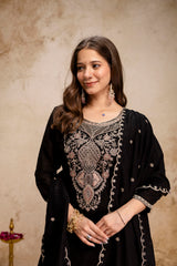 BLACK BEAUTY Women’s Embroidered Vichitra Kurta Pant Set with Dupatta