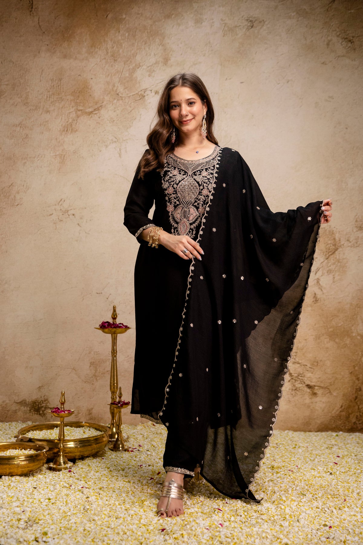 BLACK BEAUTY Women’s Embroidered Vichitra Kurta Pant Set with Dupatta