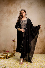 BLACK BEAUTY Women’s Embroidered Vichitra Kurta Pant Set with Dupatta