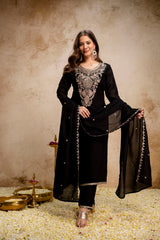 BLACK BEAUTY Women’s Embroidered Vichitra Kurta Pant Set with Dupatta
