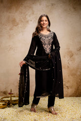 BLACK BEAUTY Women’s Embroidered Vichitra Kurta Pant Set with Dupatta