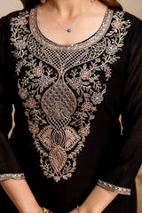 BLACK BEAUTY Women’s Embroidered Vichitra Kurta Pant Set with Dupatta