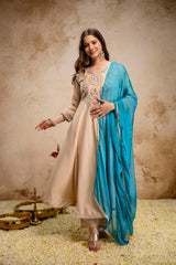 Women’s Chanderi Embroidered Kurta Pant Set with Chinon Dupatta