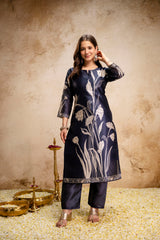 Women’s Black Soft Assam Silk Floral Digital Printed A-Line Kurta Pant Set with Dupatta