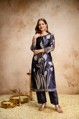 Women’s Black Soft Assam Silk Floral Digital Printed A-Line Kurta Pant Set with Dupatta