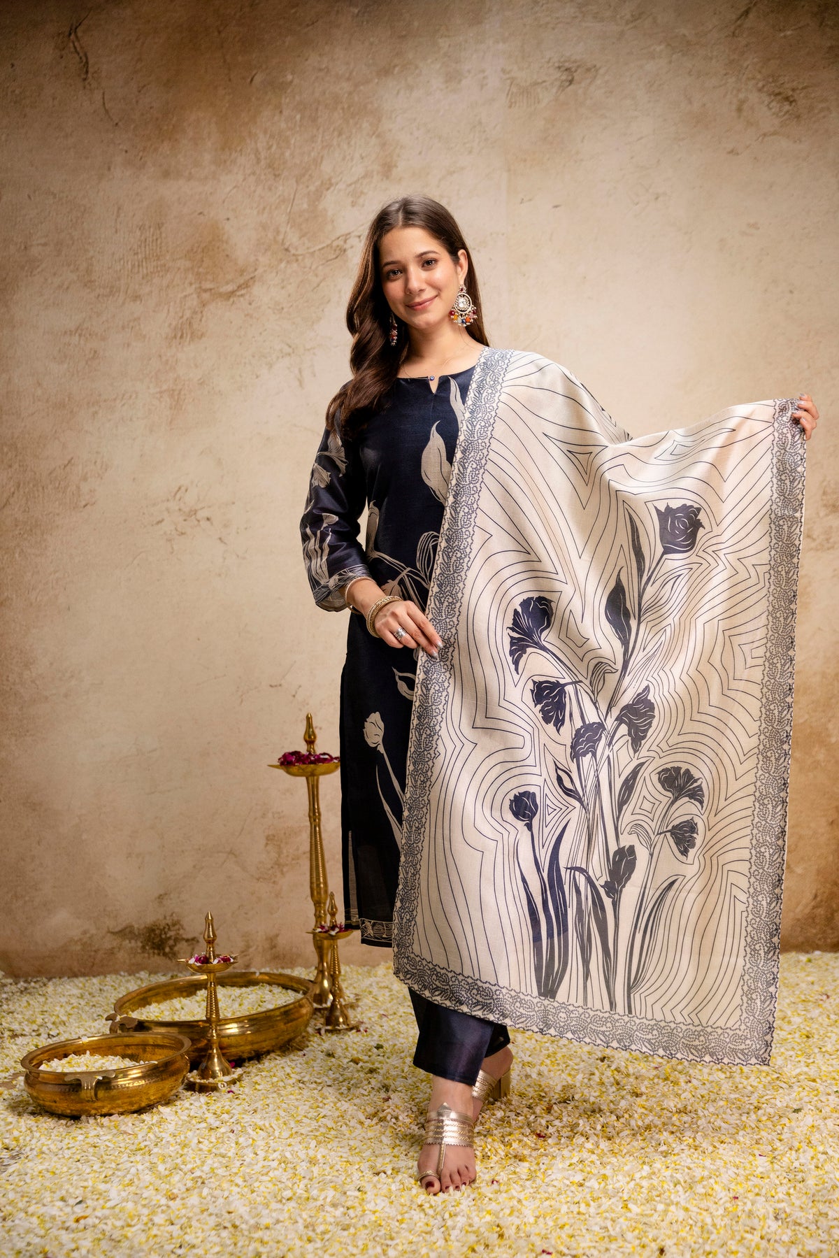 Women’s Black Soft Assam Silk Floral Digital Printed A-Line Kurta Pant Set with Dupatta