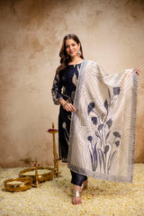 Women’s Black Soft Assam Silk Floral Digital Printed A-Line Kurta Pant Set with Dupatta