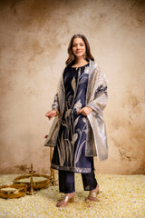 Women’s Black Soft Assam Silk Floral Digital Printed A-Line Kurta Pant Set with Dupatta