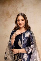 Women’s Black Soft Assam Silk Floral Digital Printed A-Line Kurta Pant Set with Dupatta