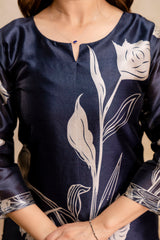 Women’s Black Soft Assam Silk Floral Digital Printed A-Line Kurta Pant Set with Dupatta