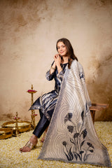 Women’s Black Soft Assam Silk Floral Digital Printed A-Line Kurta Pant Set with Dupatta