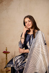 Women’s Black Soft Assam Silk Floral Digital Printed A-Line Kurta Pant Set with Dupatta