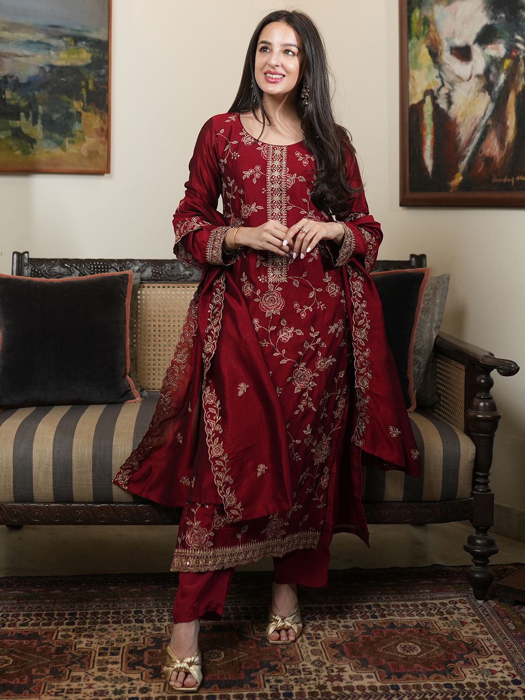 Women's Maroon Embroidered Vichitra Kurta Set with Dupatta