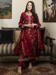 Women's Maroon Embroidered Vichitra Kurta Set with Dupatta