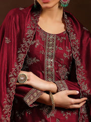 Women's Maroon Embroidered Vichitra Kurta Set with Dupatta