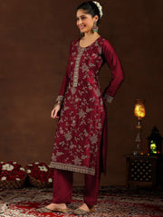 Women's Maroon Embroidered Vichitra Kurta Set with Dupatta