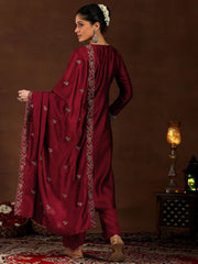Women's Maroon Embroidered Vichitra Kurta Set with Dupatta