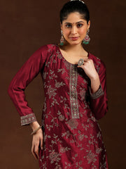 Women's Maroon Embroidered Vichitra Kurta Set with Dupatta