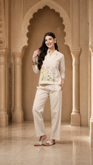 Premium Women's Casual Co-Ord Set | Floral Embroidered Off-White Outfit