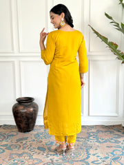 Women’s Yellow Embroidered D Chinon Kurti Pant Dupatta Set with Printed Tebby Silk Dupatta