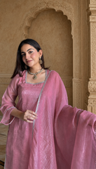 Women's Peach Crinkle Straight Kurta Patiala Set with Dupatta | Diamond Sequin Work