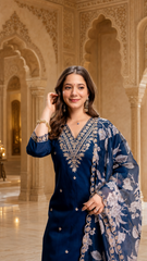 Women's Petrol Roman Embroidered Straight Kurta Pant Set with Digital Printed Dupatta