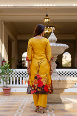 Women’s Black & Yellow Soft Assam Silk Digital Printed Kurta Pant Set with V-Neck & Dupatta