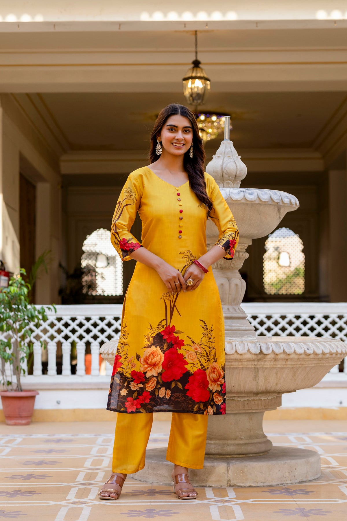 Women’s Black & Yellow Soft Assam Silk Digital Printed Kurta Pant Set with V-Neck & Dupatta