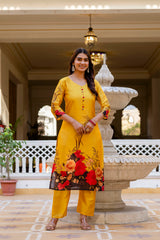 Women’s Black & Yellow Soft Assam Silk Digital Printed Kurta Pant Set with V-Neck & Dupatta