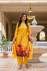 Women’s Black & Yellow Soft Assam Silk Digital Printed Kurta Pant Set with V-Neck & Dupatta