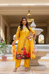 Women’s Black & Yellow Soft Assam Silk Digital Printed Kurta Pant Set with V-Neck & Dupatta