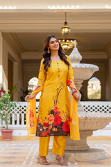 Women’s Black & Yellow Soft Assam Silk Digital Printed Kurta Pant Set with V-Neck & Dupatta