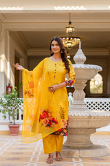 Women’s Black & Yellow Soft Assam Silk Digital Printed Kurta Pant Set with V-Neck & Dupatta