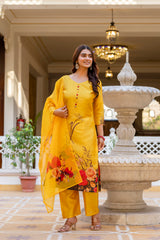Women’s Black & Yellow Soft Assam Silk Digital Printed Kurta Pant Set with V-Neck & Dupatta