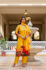 Women’s Black & Yellow Soft Assam Silk Digital Printed Kurta Pant Set with V-Neck & Dupatta