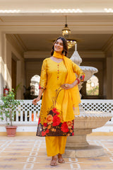 Women’s Black & Yellow Soft Assam Silk Digital Printed Kurta Pant Set with V-Neck & Dupatta